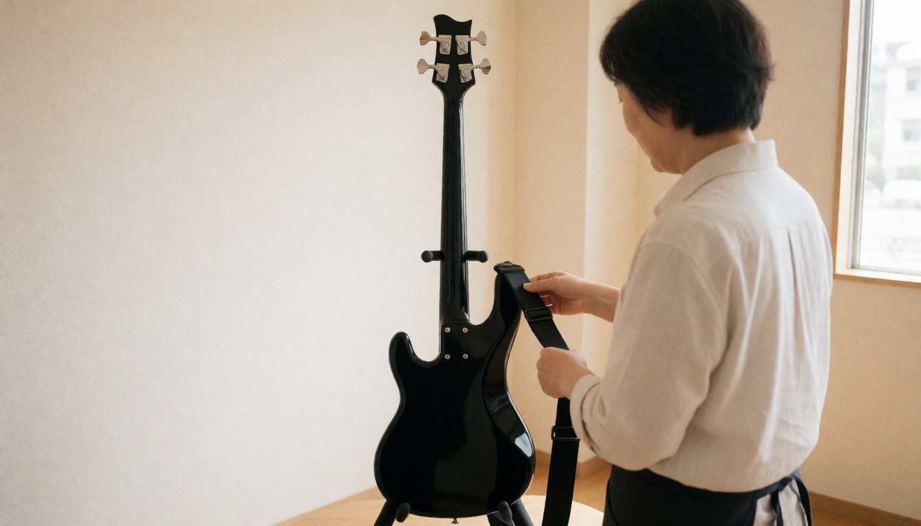 Un professionnel ajuste la sangle d'un instrument de musique dans un studio lumineux aux murs clairs, préparant une leçon de musique.