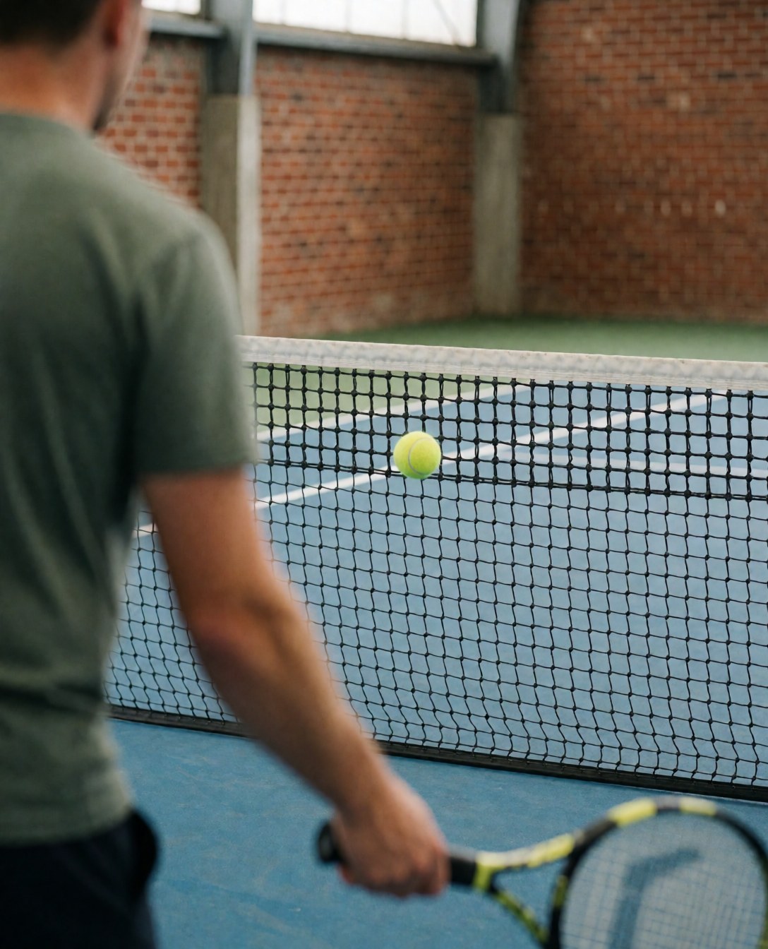 Vue arrière d'une cliente essayant un filet de tennis sur un court bleu avec des murs en briques sous une lumière diffuse.