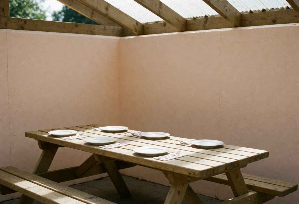 Table en bois pour pique-nique sous un toit, dressée avec assiettes et couverts prêts à être utilisés, dans un espace aux murs beiges éclairé par la lumière naturelle.