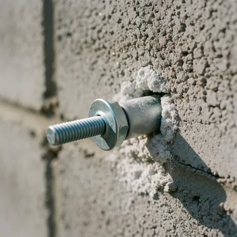 Détail d'une ancre de montage métallique insérée dans un mur en béton, avec des résidus de poussière blanche autour, sous une lumière naturelle.