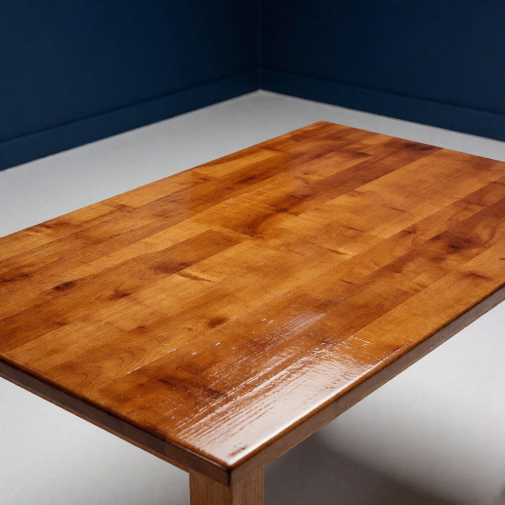 Table en bois restaurée offrant une finition brillante et un ton chaleureux, posée sur un sol blanc devant des murs bleu foncé, idéale pour illustrer des catalogues de restauration.