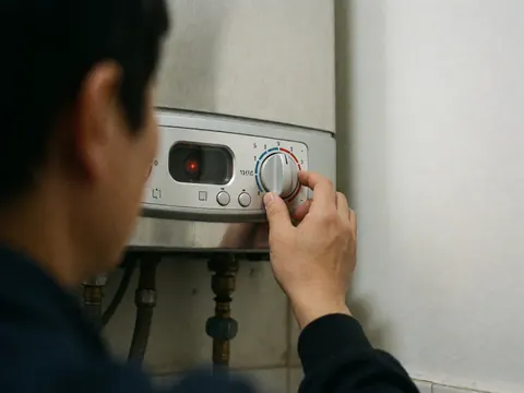 Un technicien règle le thermostat d'un chauffe-eau avec le panneau de contrôle et la lumière pilote visibles sur un mur blanc.