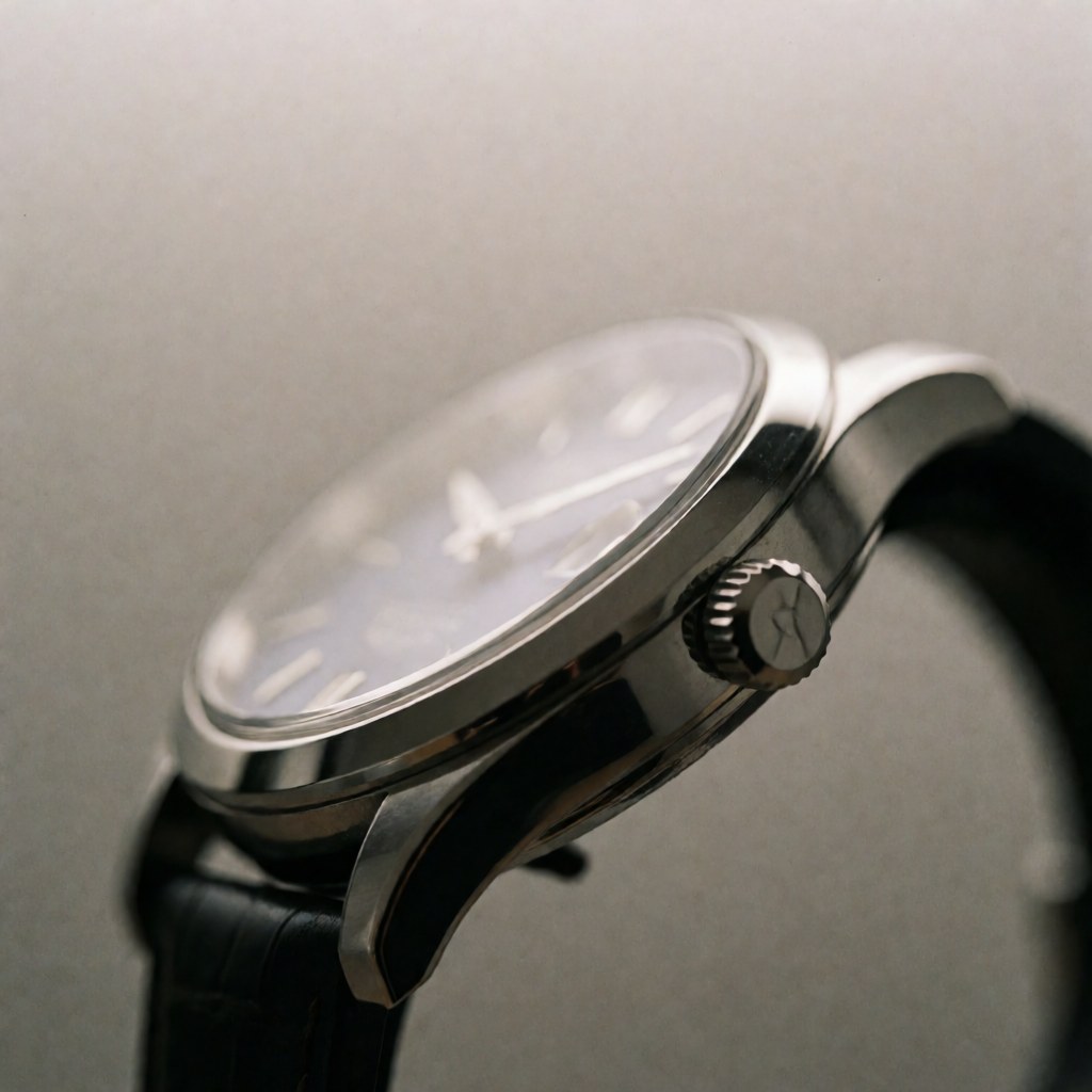 Montre de luxe avec verre saphir, bracelet en cuir noir, fond neutre, éclairage professionnel mettant en valeur sa finition polie et ses détails.