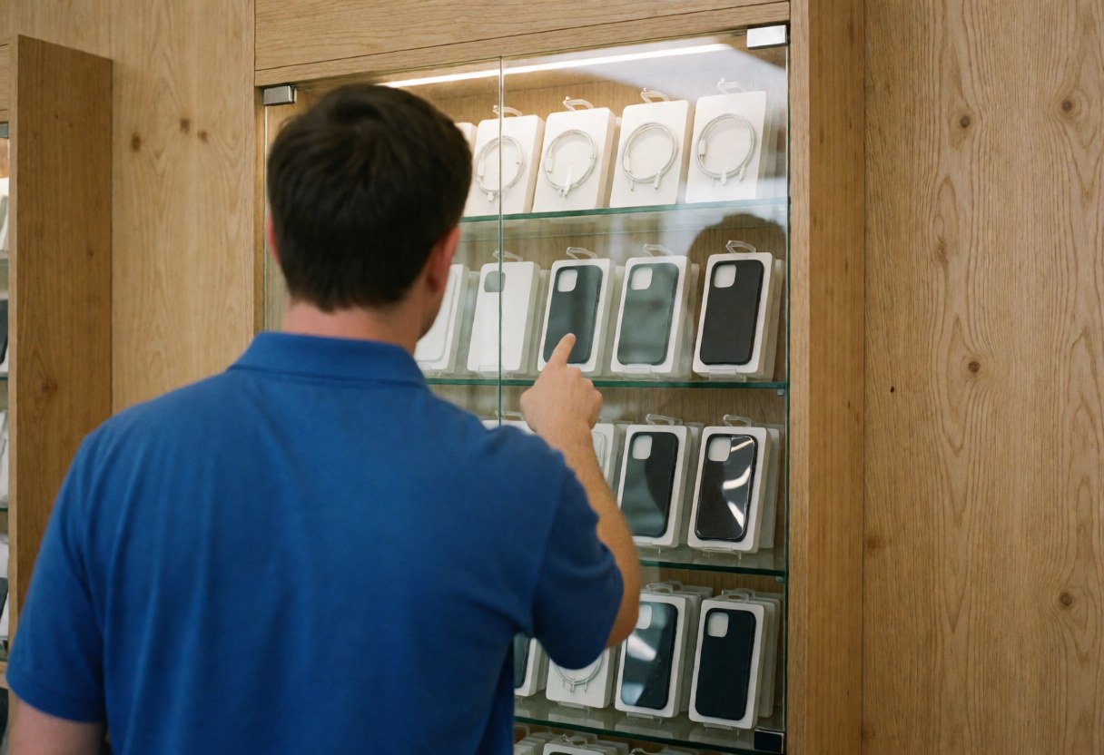 Un technicien en chemise bleue pointe du doigt des accessoires pour téléphones exposés dans une vitrine en bois éclairée par l'intérieur, sur un fond de mur en bois clair.