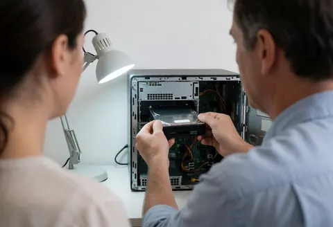 Un technicien installe un disque dur dans un ordinateur ouvert éclairé par une lampe de bureau tandis qu'une personne observe depuis l'arrière-plan.