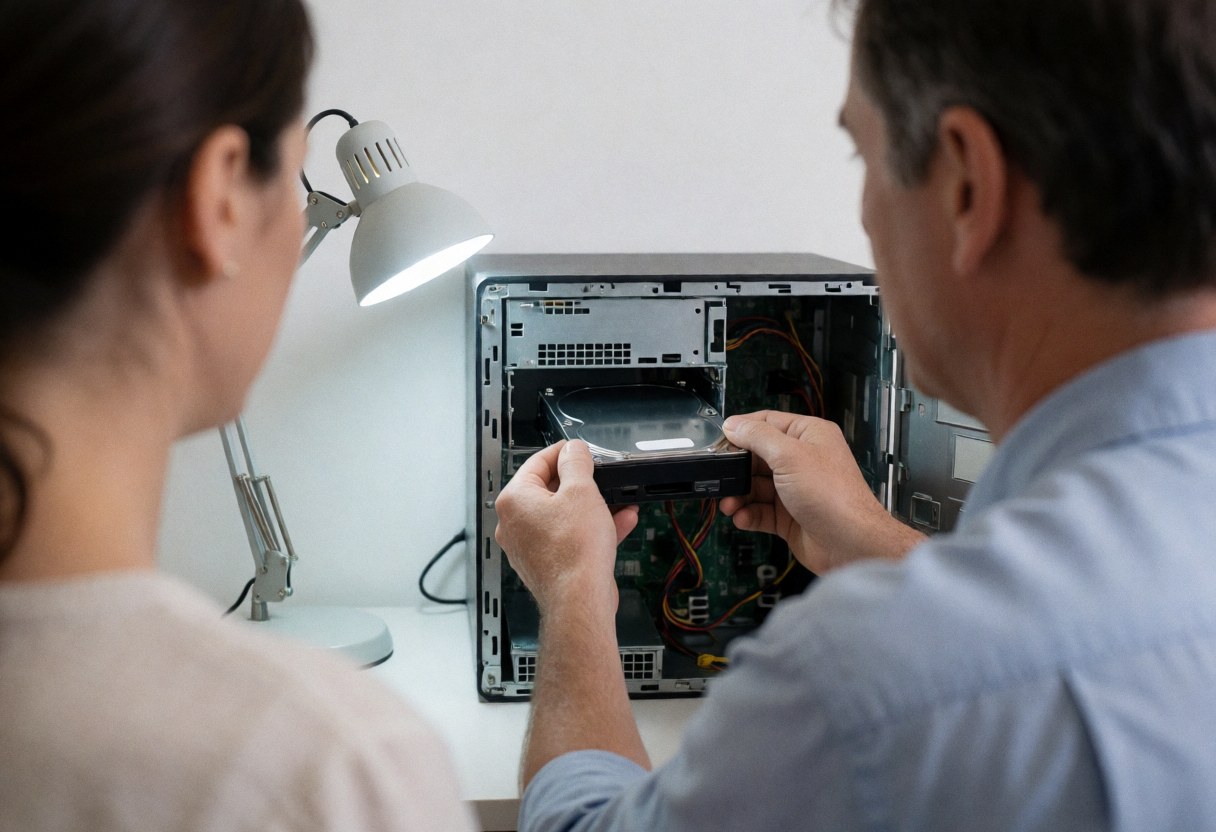 Un technicien installe un disque dur dans un ordinateur ouvert éclairé par une lampe de bureau tandis qu'une personne observe depuis l'arrière-plan.