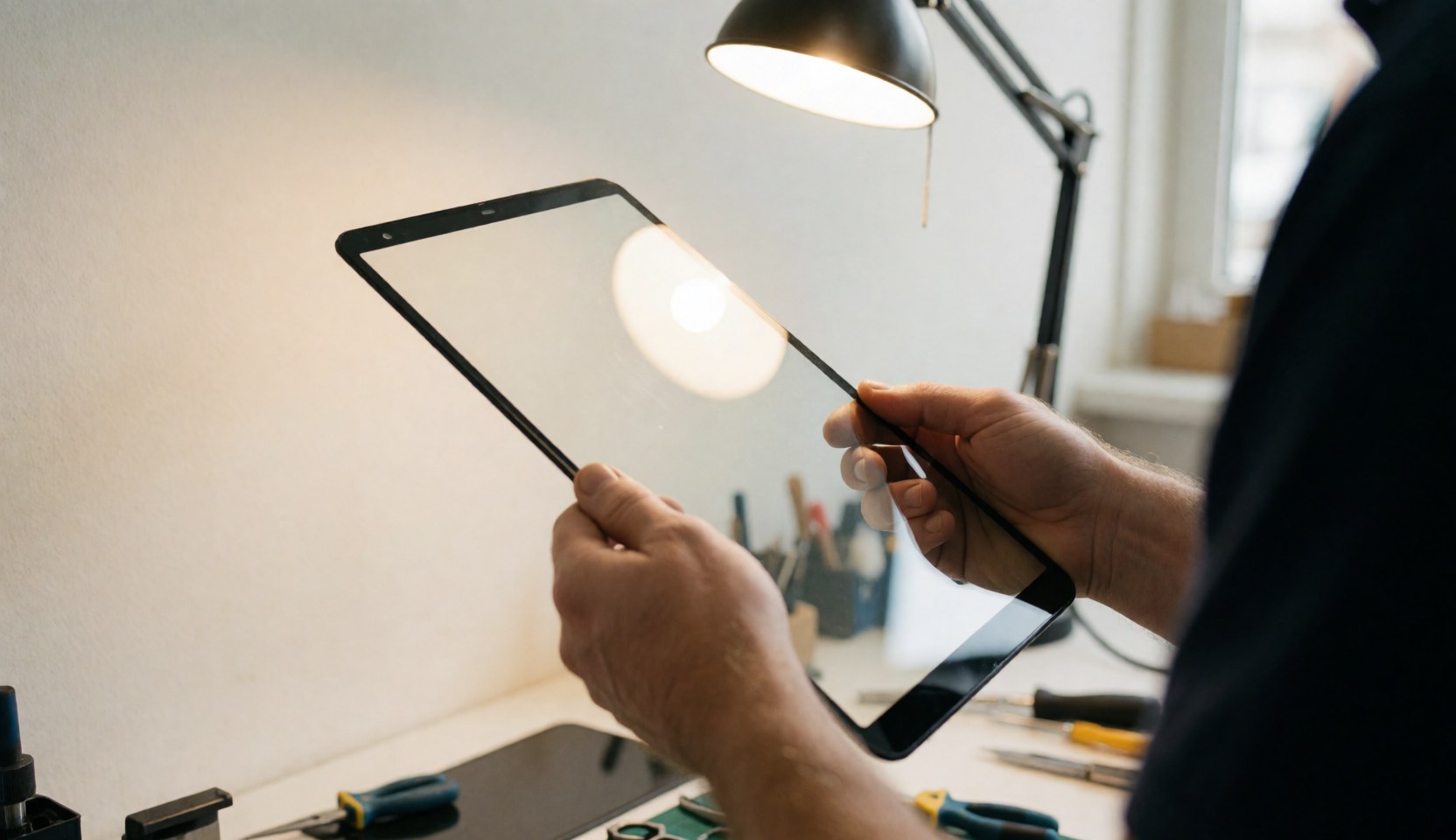 Un technicien tient une nouvelle dalle d'écran dans un atelier avec des outils et un éclairage de bureau pour la réparation de mobiles.
