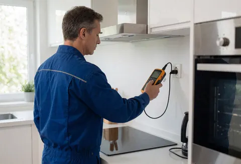 Technicien en uniforme bleu utilisant un appareil de mesure connecté à une prise dans une cuisine moderne avec électroménager en acier inoxydable et lumière naturelle.