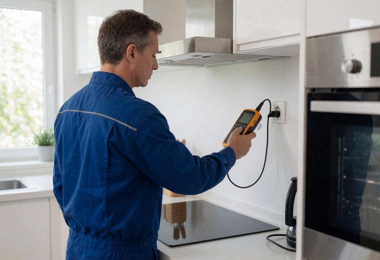 Technicien en uniforme bleu utilisant un appareil de mesure connecté à une prise dans une cuisine moderne avec électroménager en acier inoxydable et lumière naturelle.