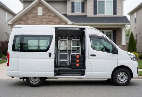 Fourgon blanc avec porte ouverte, échelles et boîtes à outils organisées, prêt pour la réparation de toitures dans une rue résidentielle.