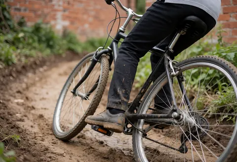 Un cycliste progresse sur un sentier en terre battue. Des éclaboussures de boue sont visibles sur son pantalon et sa chaussure, devant un fond composé d'un mur de briques et de végétation.