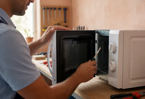 Un technicien examine le joint de la porte d'un four à micro-ondes blanc dans un atelier éclairé par la lumière naturelle.