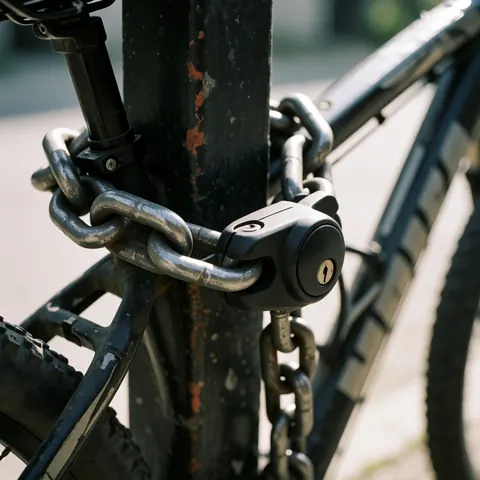 Une chaîne en acier épaisse et un cadenas noir fixent solidement un vélo de montagne à un poteau métallique dans un cadre extérieur.