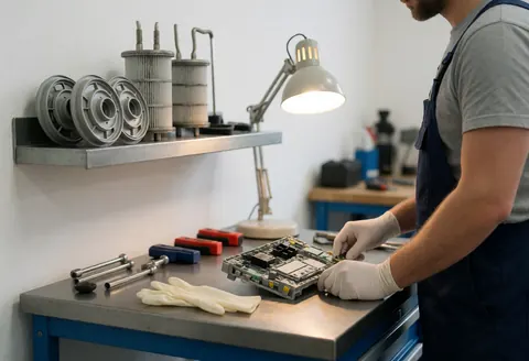 Technicien en gants nitrile répare une carte électronique sur table métallique avec outils et pièces détachées dans un atelier propre.