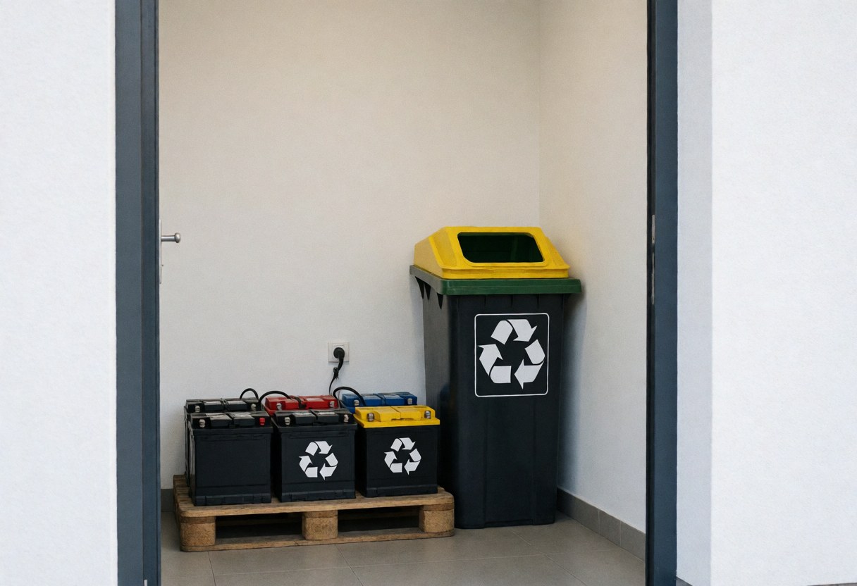 Palette chargée de batteries usagées à côté d'un grand conteneur de recyclage jaune et noir dans un atelier propre aux murs blancs.