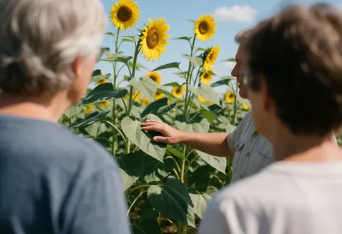 Un guide explique le cycle de vie des tournesols à des visiteurs dans un champ ensoleillé avec des fleurs jaunes et un ciel bleu clair.