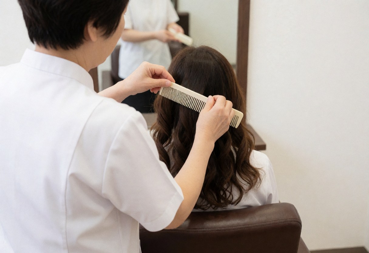 Un coiffeur en uniforme blanc utilise une large peigne pour séparer les boucles d'une cliente dans un salon de beauté.