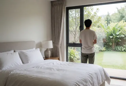 Vue depuis une chambre d'appartement-hôtel avec lit, grande fenêtre et lampe. La lumière naturelle éclaire la pièce et offre une vue sur le jardin extérieur.