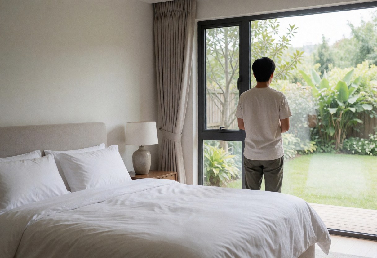 Vue depuis une chambre d'appartement-hôtel avec lit, grande fenêtre et lampe. La lumière naturelle éclaire la pièce et offre une vue sur le jardin extérieur.