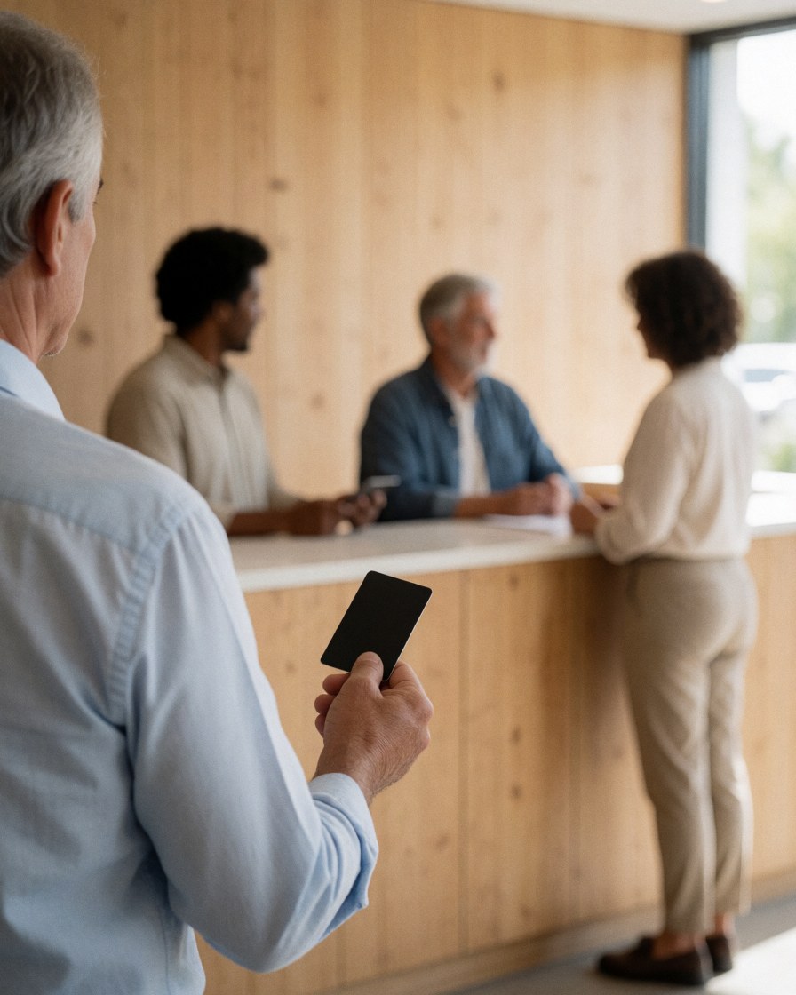 Une cliente tient une carte à la main devant le comptoir de réception en bois clair, dans un cadre moderne et chaleureux.