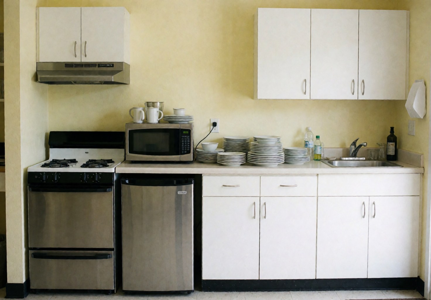 Cuisine compacte d'appartement avec cuisinière, micro-ondes, réfrigérateur et évier, murs jaunes clairs, ustensiles et assiettes rangés.