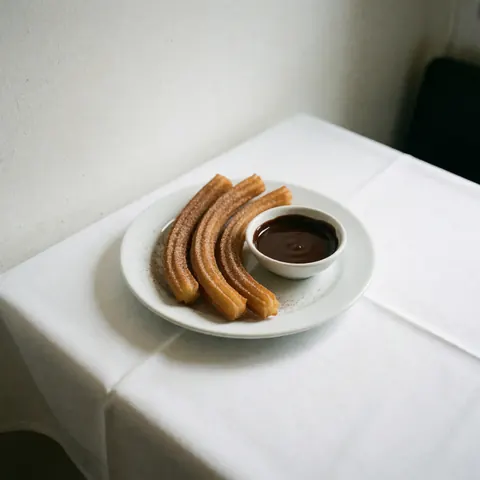 Des churros croustillants et dorés parsemés de sucre en poudre sont servis avec une sauce au chocolat dans un bol blanc posé sur une nappe blanche.
