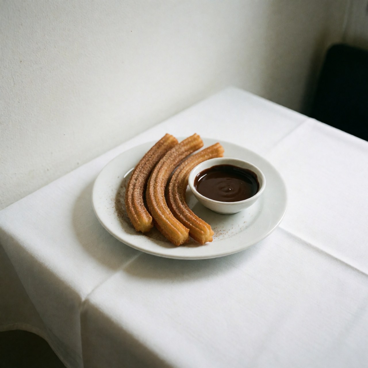 Des churros croustillants et dorés parsemés de sucre en poudre sont servis avec une sauce au chocolat dans un bol blanc posé sur une nappe blanche.