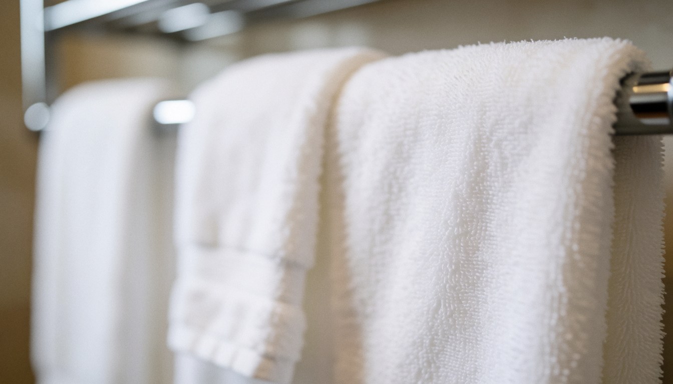 Des serviettes blanches et douces sont suspendues sur un étendoir dans une salle de bain, avec un arrière-plan flou et une lumière diffuse, idéal pour ajouter du texte ou un logo.
