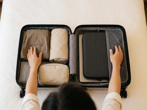 Vue de dessus d'une valise ouverte sur un lit blanc contenant des vêtements pliés, une trousse de toilette et une housse pour ordinateur. Des mains organisent le contenu.