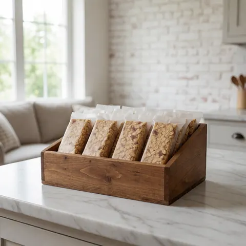 Une boîte en bois remplie de barres d'avoine posée sur un plan de travail en marbre blanc dans une cuisine moderne avec un mur de briques blanches et une fenêtre laissant entrer la lumière naturelle.