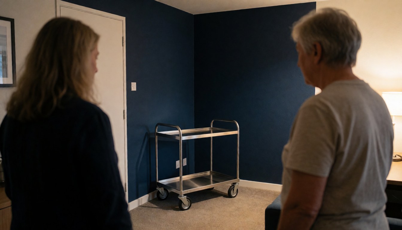 Vue arrière de deux individus observant un chariot métallique dans une chambre aux murs bleus, éclairage chaleureux et ambiance calme.
