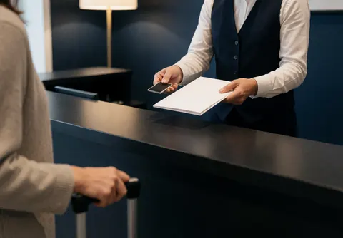 Un employé en tenue professionnelle remet une clé et un dépliant à un client avec valise dans un hall moderne aux murs bleu foncé.