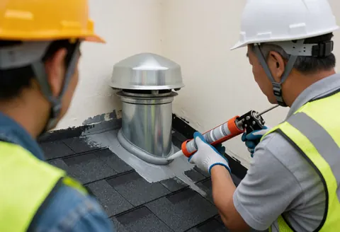 Un technicien en tenue de sécurité applique un produit d'étanchéité sur la base d'une ventilation métallique installée sur un toit en tuiles.