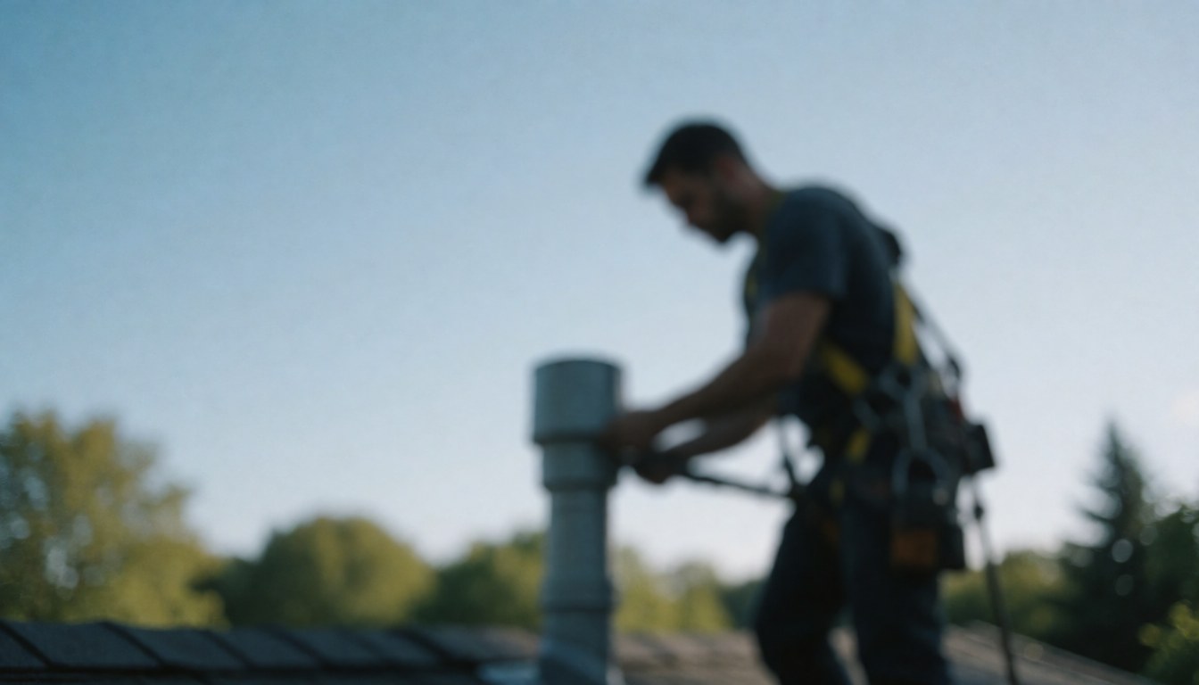 Un technicien de maintenance en harnais intervient sur un conduit d'aération au plafond, avec un ciel bleu et des arbres flous en arrière-plan pour ajouter du texte.