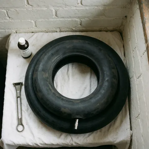 Tube noir sale posé sur une toile blanche, accompagné d'un patch de réparation et d'un tournevis, devant un mur de briques blanches.