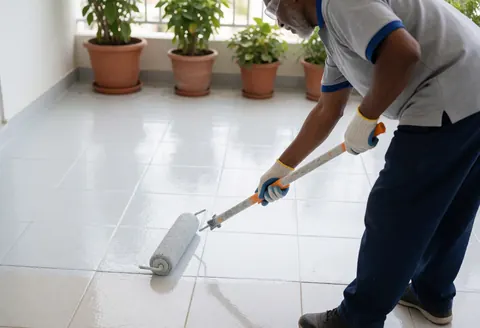 Un professionnel utilise un rouleau pour appliquer une peinture imperméabilisante sur des dalles blanches, avec des plantes en pot en arrière-plan.
