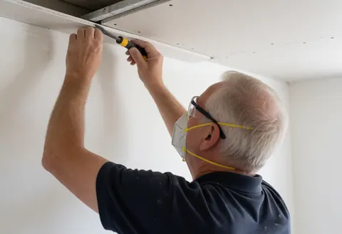 Un professionnel pose un panneau de plâtre au plafond en utilisant un outil, avec un masque et des lunettes de sécurité, dans une pièce aux murs blancs et à la lumière naturelle.
