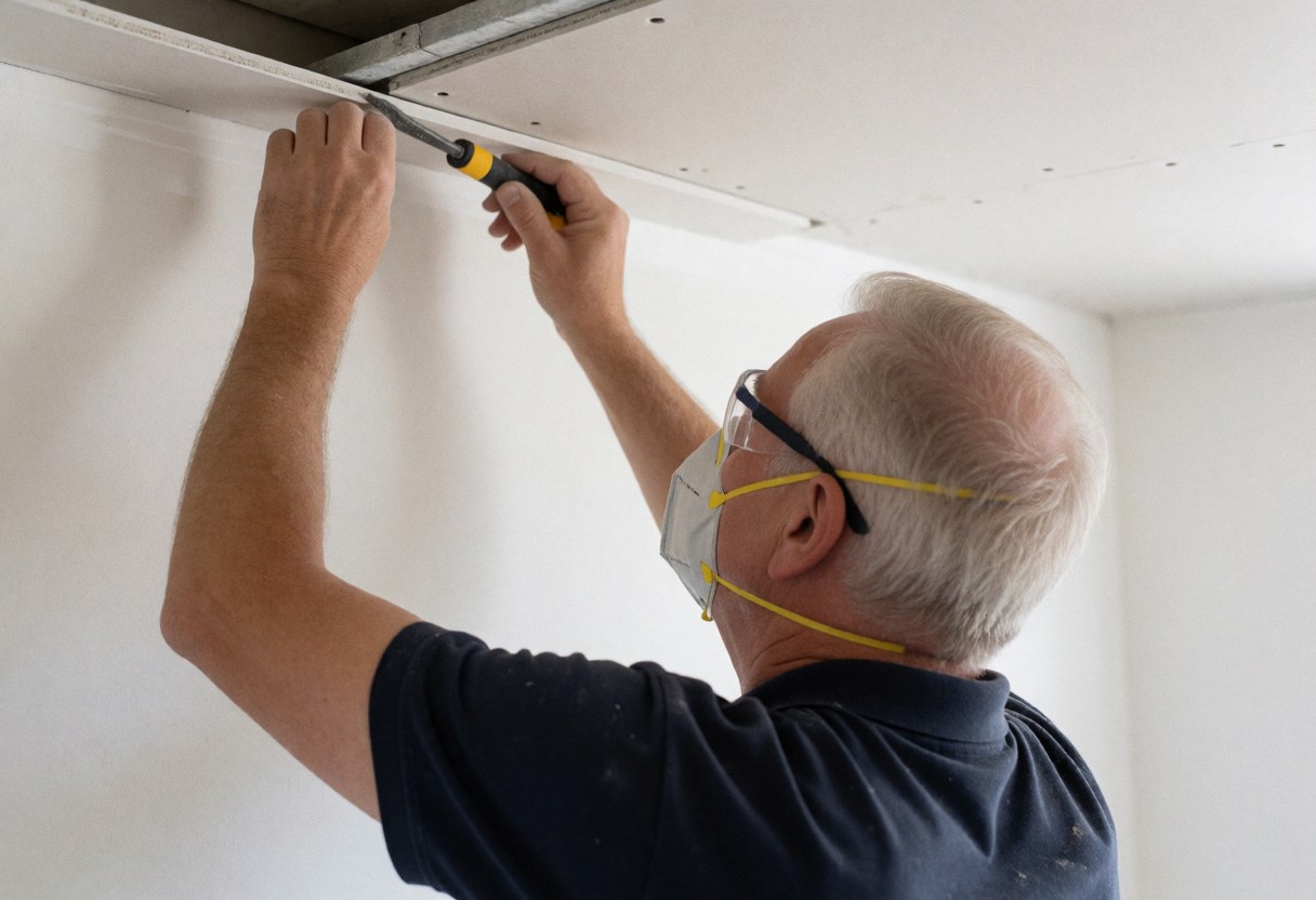 Un professionnel pose un panneau de plâtre au plafond en utilisant un outil, avec un masque et des lunettes de sécurité, dans une pièce aux murs blancs et à la lumière naturelle.