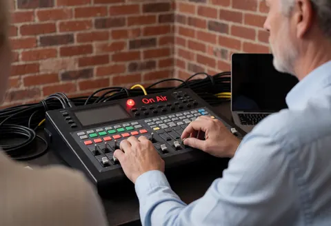 Un vidéaste professionnel ajuste les interrupteurs d'un tableau de contrôle de transmission avec le voyant On Air allumé, des câbles organisés et un mur en briques rouges.