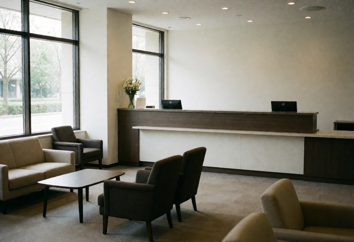 Vue du hall d'un apparthotel contemporain incluant le bureau d'accueil équipé, une zone d'attente avec des canapés et des chaises, ainsi que de grandes fenêtres laissant entrer la lumière naturelle.