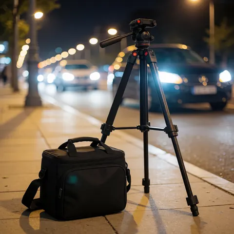Trépied noir et sac de caméra posés sur un trottoir urbain la nuit, avec des lumières de voitures et des réverbères en arrière-plan flou.