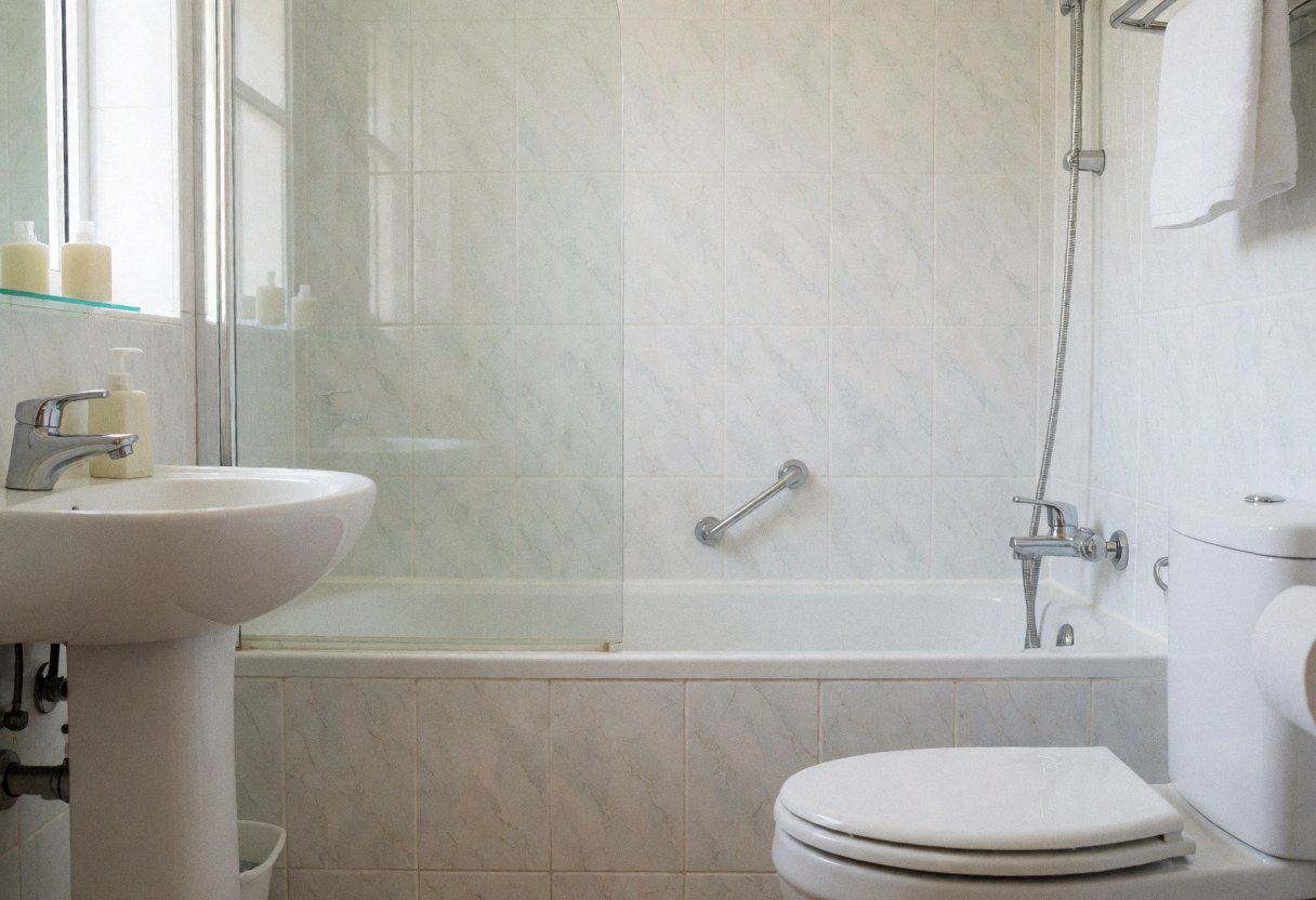Salle de bain privée propre et moderne équipée d'une douche, d'un lavabo et d'un WC sur fond de carrelage clair.
