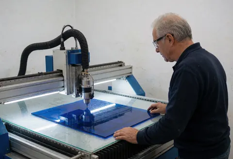 Un technicien en estampage avec des lunettes de sécurité utilise une fraiseuse CNC pour couper une plaque d'acrylique bleu dans un atelier bien éclairé aux murs blancs.