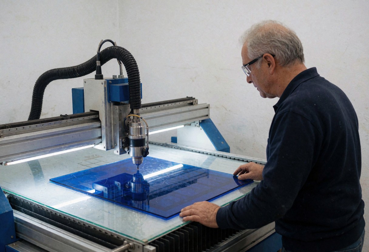 Un technicien en estampage avec des lunettes de sécurité utilise une fraiseuse CNC pour couper une plaque d'acrylique bleu dans un atelier bien éclairé aux murs blancs.