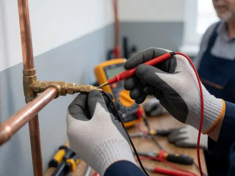 Un technicien portant des gants mesure une jonction en cuivre à l'aide d'un multimètre, sur un établi avec des outils, sur fond flou.