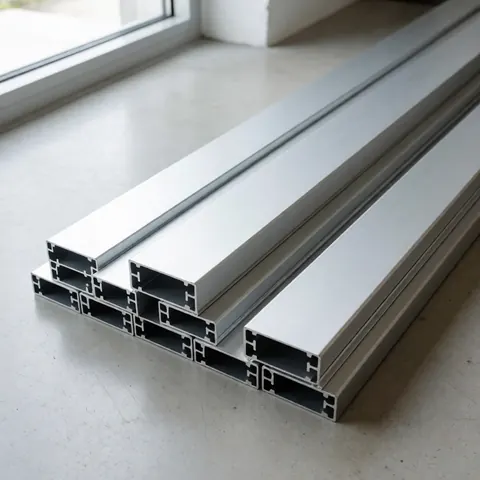 Des profilés en aluminium anodisé à finition mate sont disposés de manière ordonnée sur un sol en béton, éclairés par la lumière naturelle d'une fenêtre.