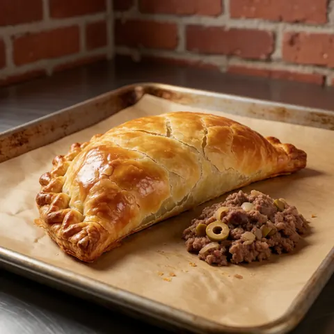 Empanada fraîchement cuite avec viande, oignon et olives sur plaque avec papier cuisson, fond mur brique rouge.