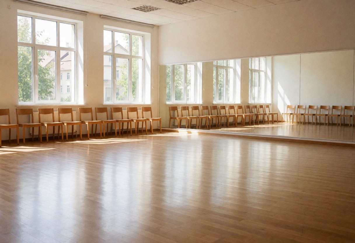 Salle de danse de tango vide dotée d'un sol en bois brillant, de grandes fenêtres apportant la lumière naturelle et de miroirs muraux. Ambiance professionnelle idéale pour des cours.