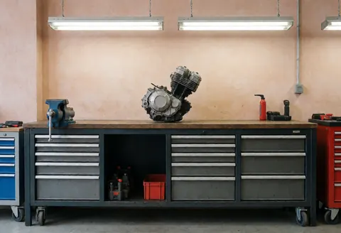 Moteur de motocyclette posé sur une table d'atelier équipée de pinces, tiroirs et outils, éclairé par des néons dans un garage de réparation.