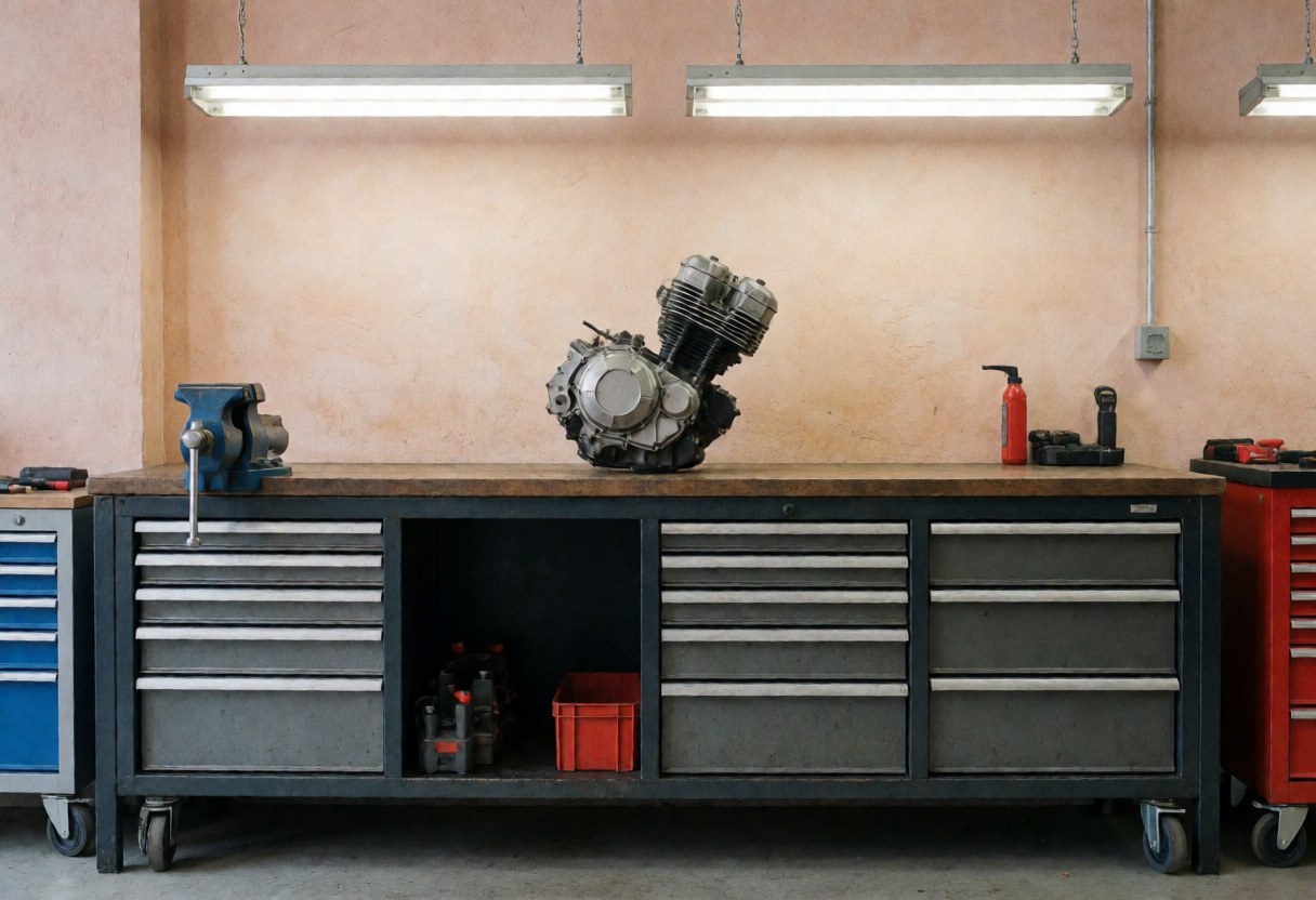 Moteur de motocyclette posé sur une table d'atelier équipée de pinces, tiroirs et outils, éclairé par des néons dans un garage de réparation.